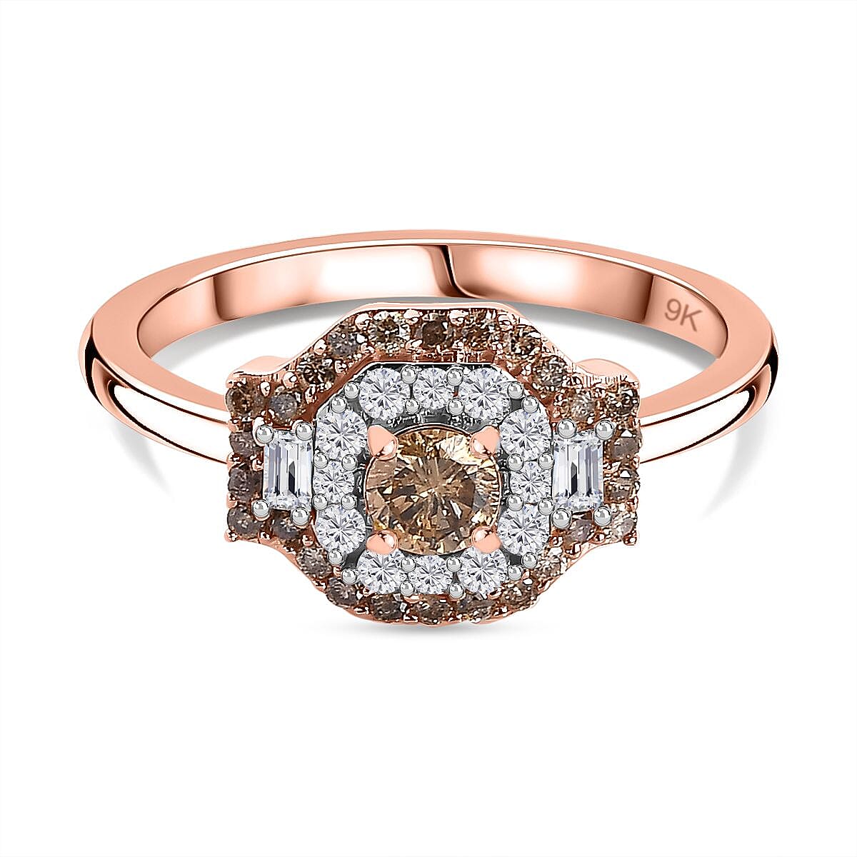 9K Rose Gold Certified Natural Champagne Diamond and Natural White Diamond Halo Ring 0.50 Cts 7796285 0