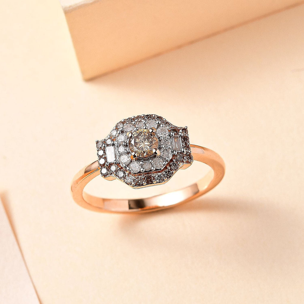 9K Rose Gold Certified Natural Champagne Diamond & Natural White Diamond Ring 0.50 Cts
