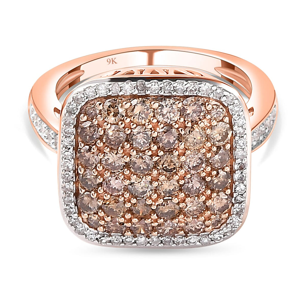 9K Rose Gold Champagne Diamond and White Diamond Cluster Ring 1.50 Ct.