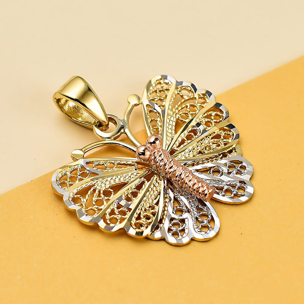 Designer Inspired- 9K White, Rose & Yellow Gold Butterfly Pendant