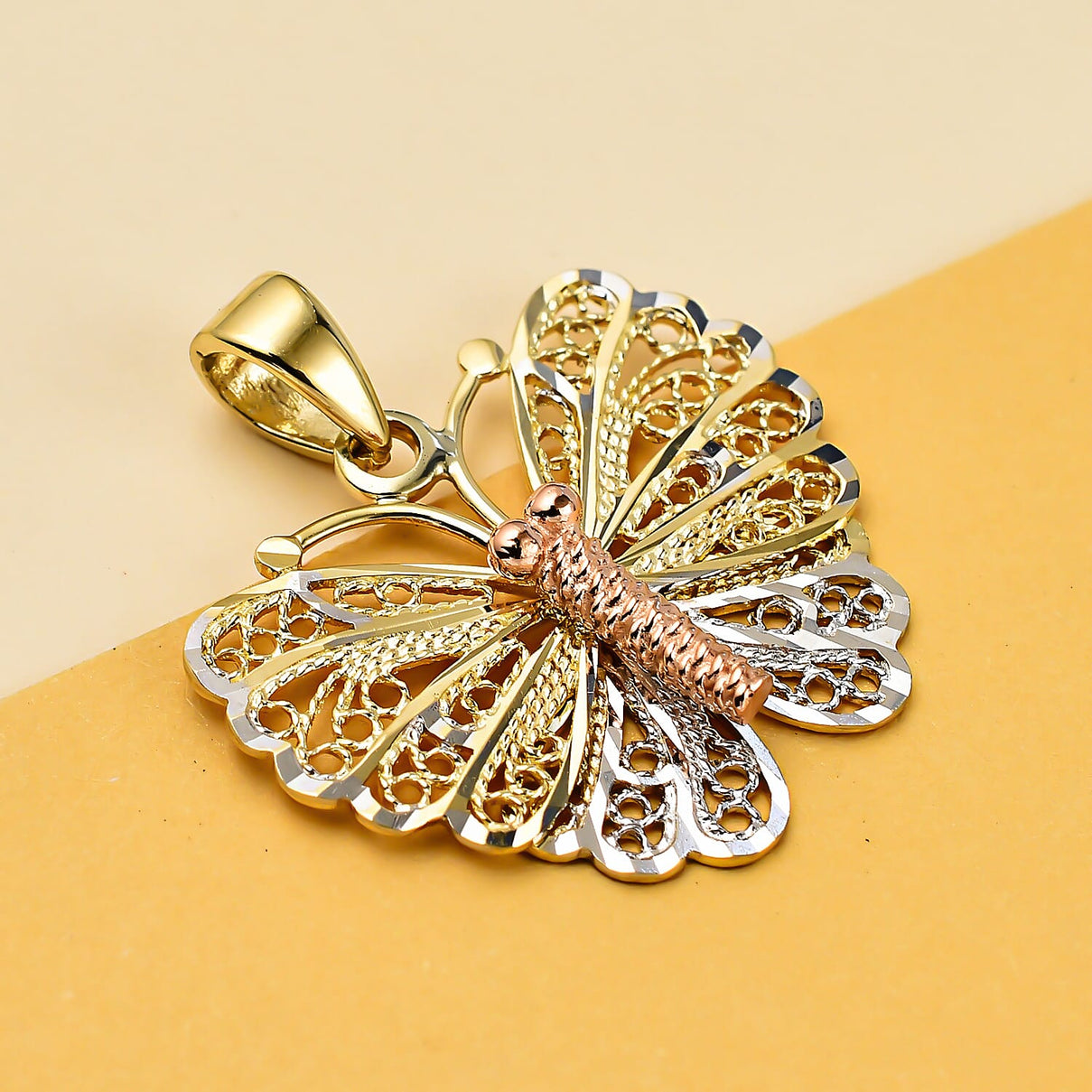 Designer Inspired- 9K White, Rose &amp; Yellow Gold Butterfly Pendant 7384153 2