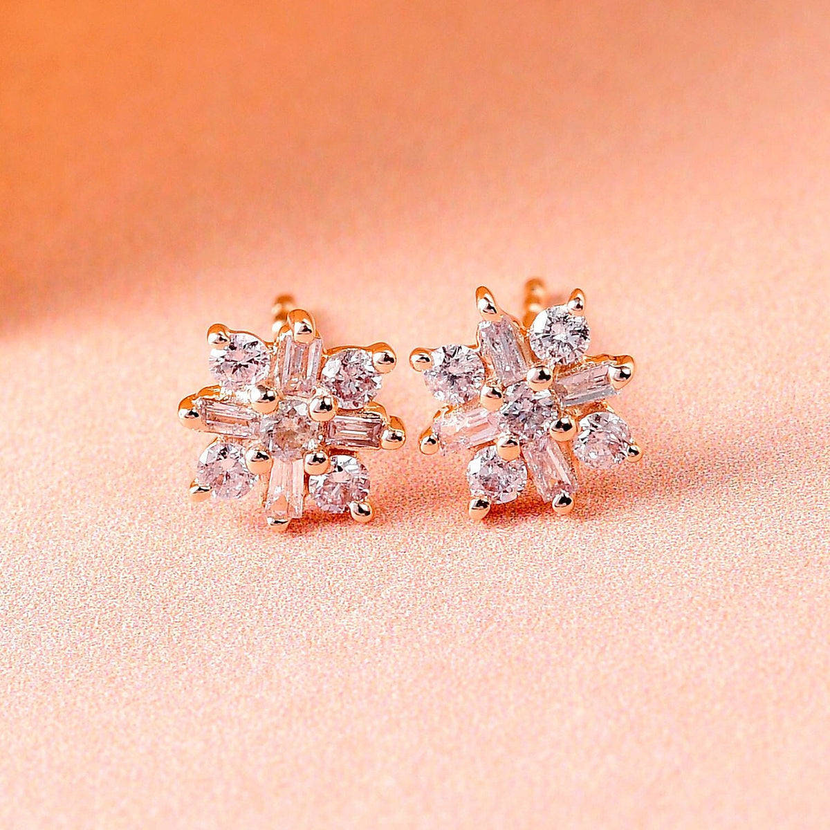 9K Rose Gold Pink Diamond I2 I3 Floral Earrings 0.27 Ct 7168672 2