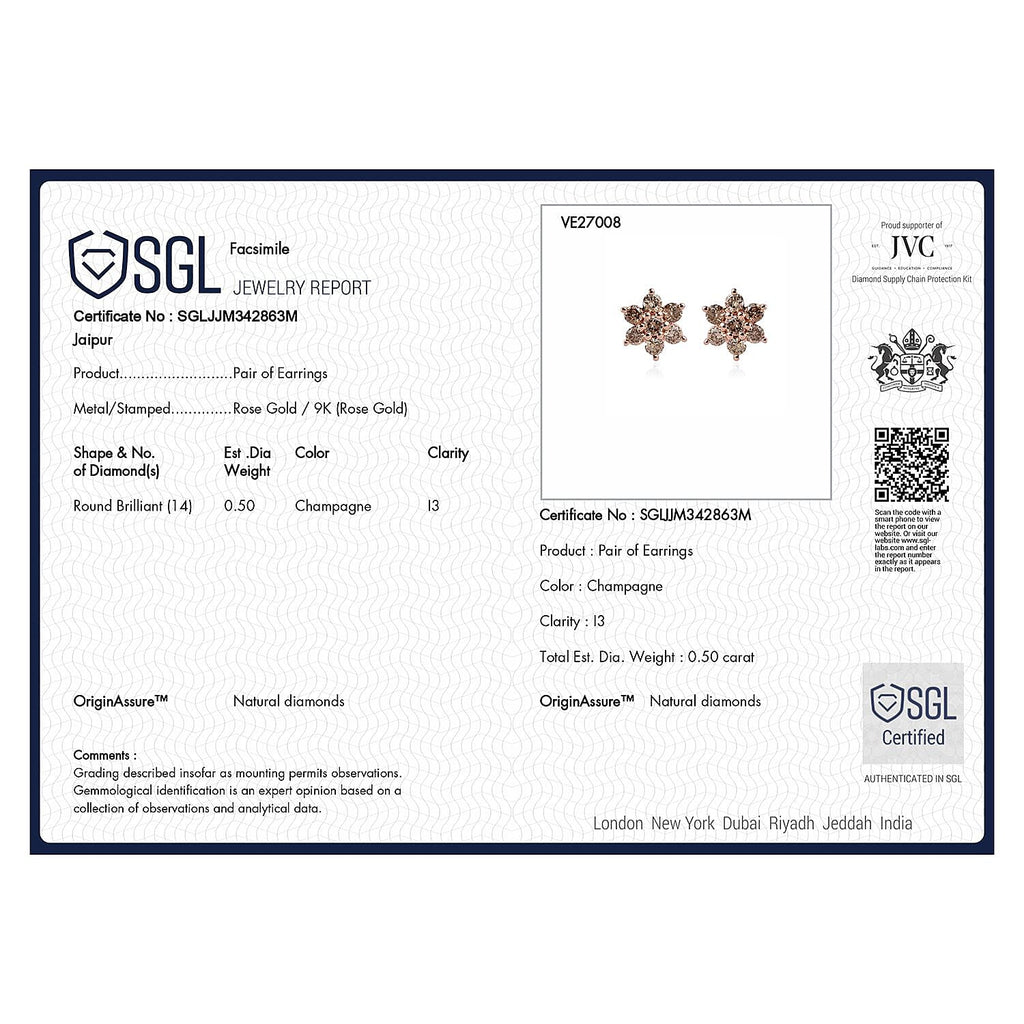 9K Rose Gold SGL Certified Champagne Diamond Solitaire Stud Earrings 0.50 Ct.