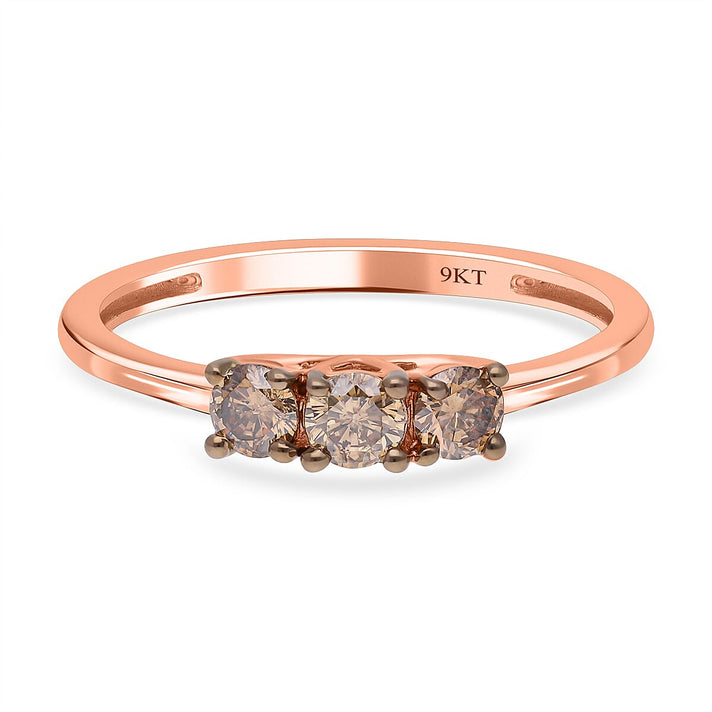 Natural Champagne Diamond Trilogy Ring in 9K Rose Gold, SGL Certified 7510691 1
