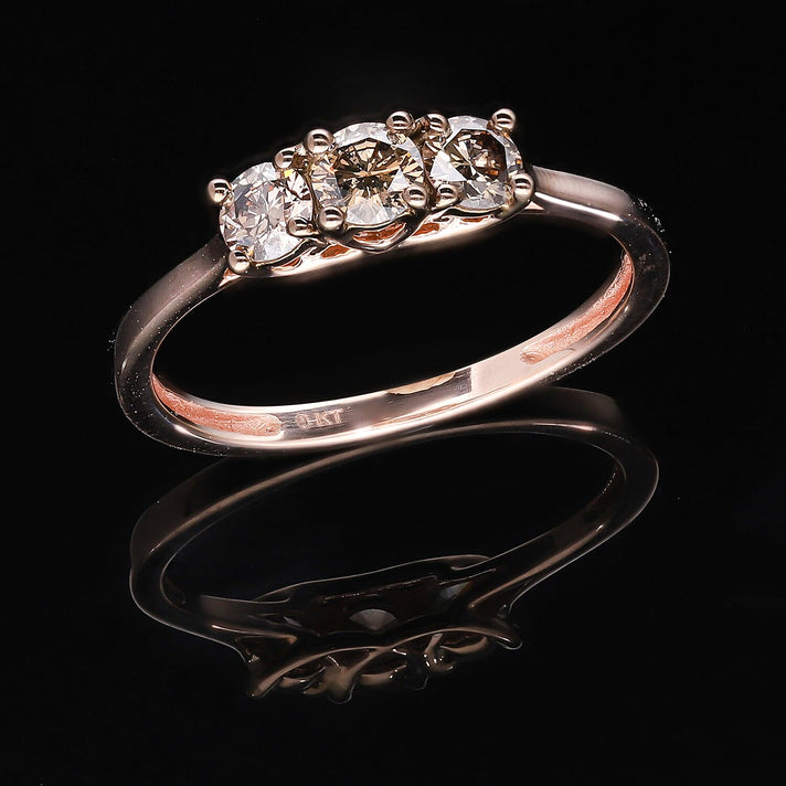 Natural Champagne Diamond Trilogy Ring in 9K Rose Gold, SGL Certified 7510691 2