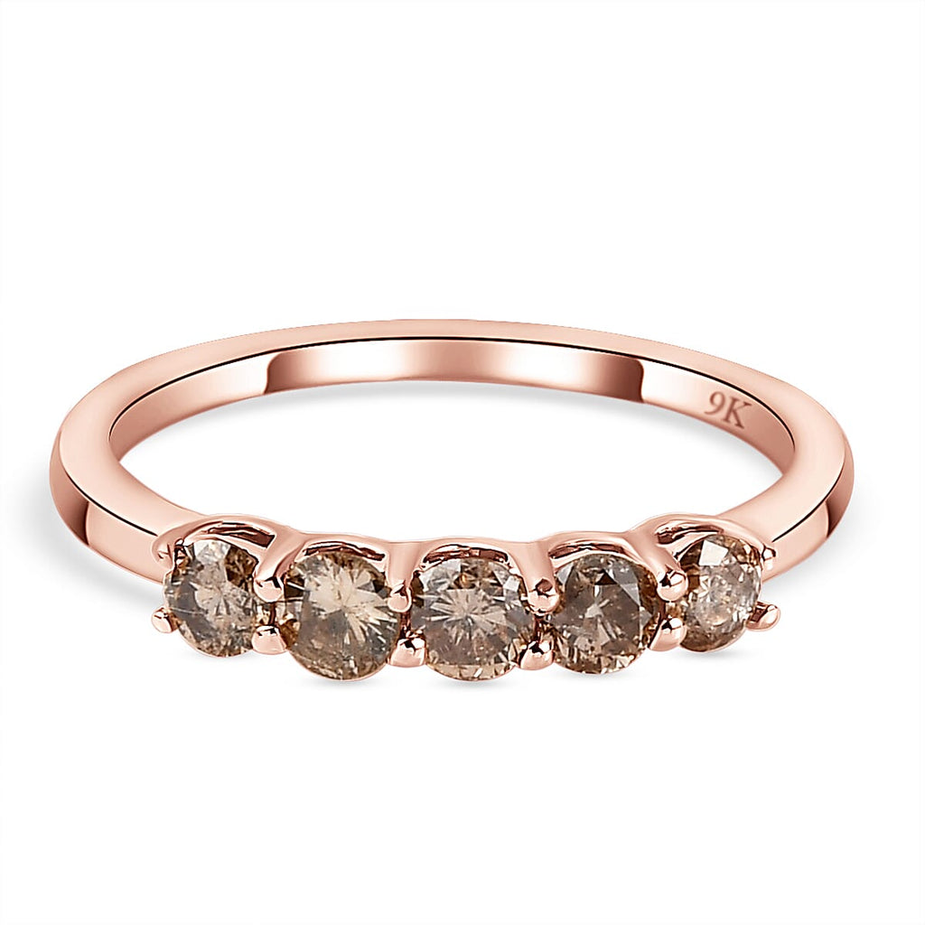 9K Rose Gold SGL Certified Champagne Diamond (I3) 5 Diamond Ring 0.50 Ct.