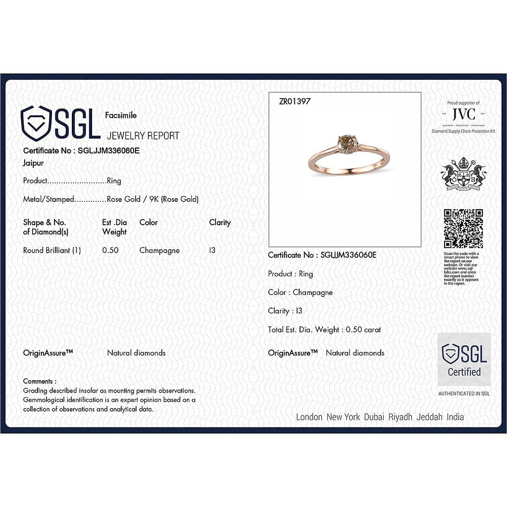 9K Rose Gold SGL Certified Natural Champagne Diamond Solitaire Ring 0.50 Ct.