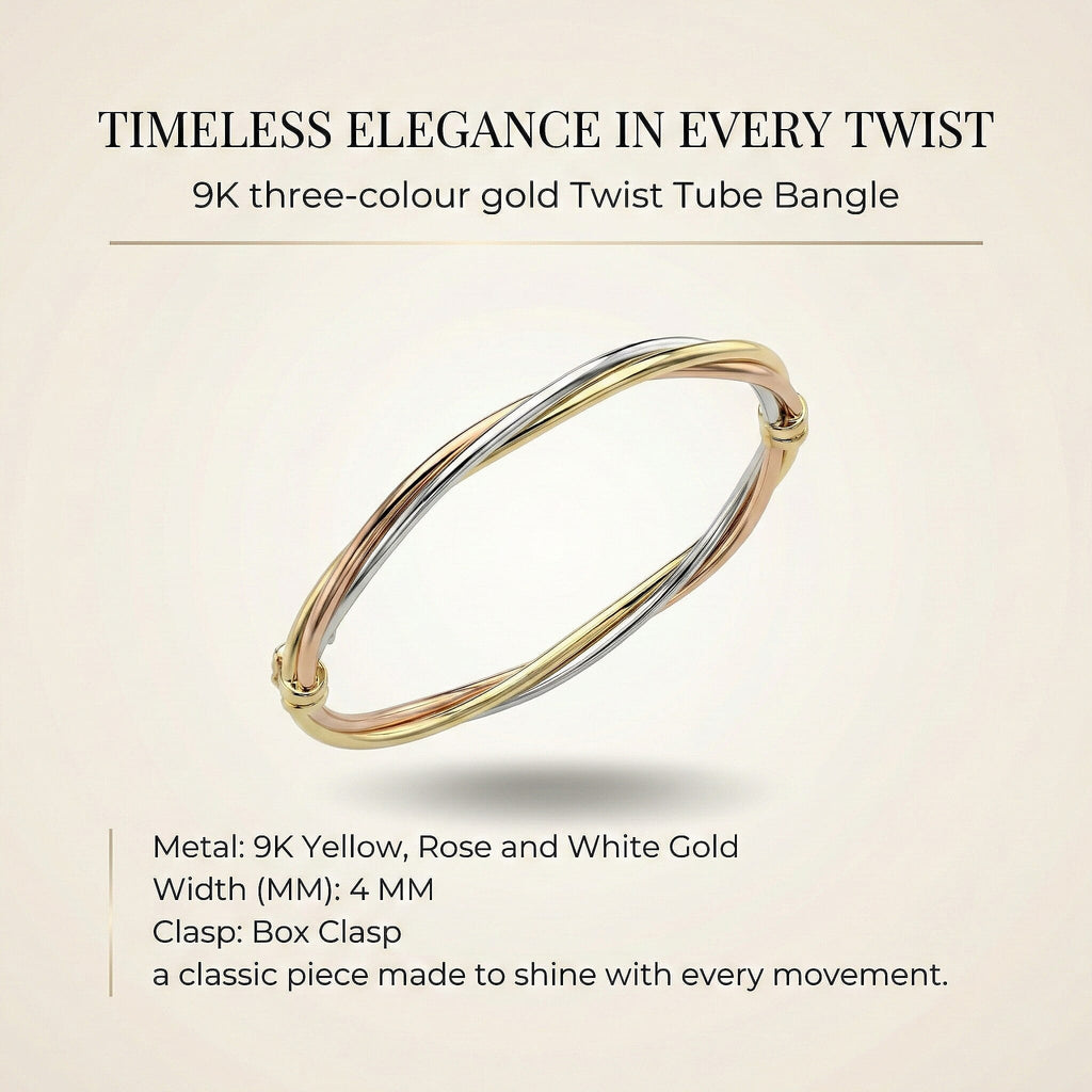 9K Three Colour Gold 4mm Twist Tube Bangle