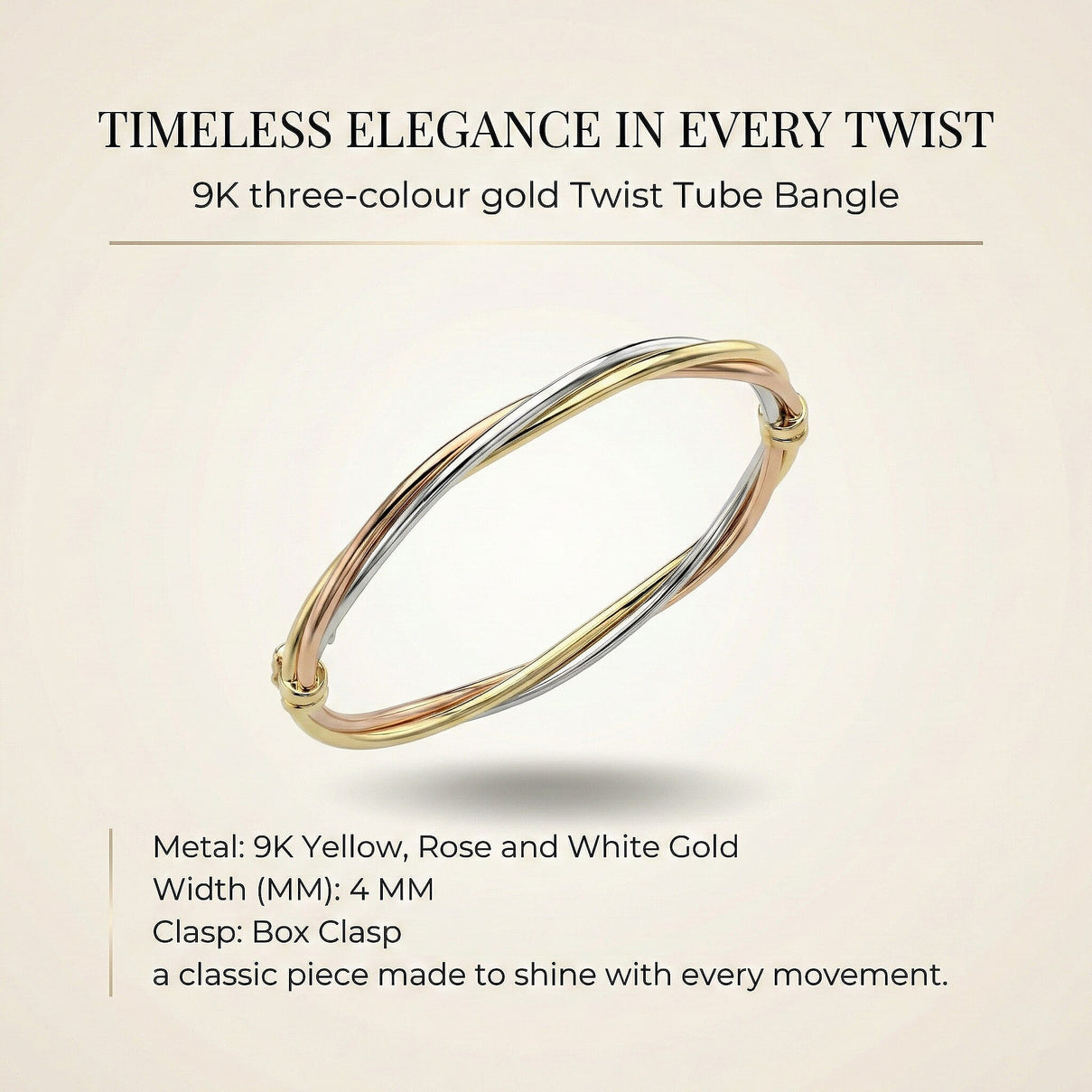 9K Three Colour Gold 4mm Twist Tube Bangle 7193171 7