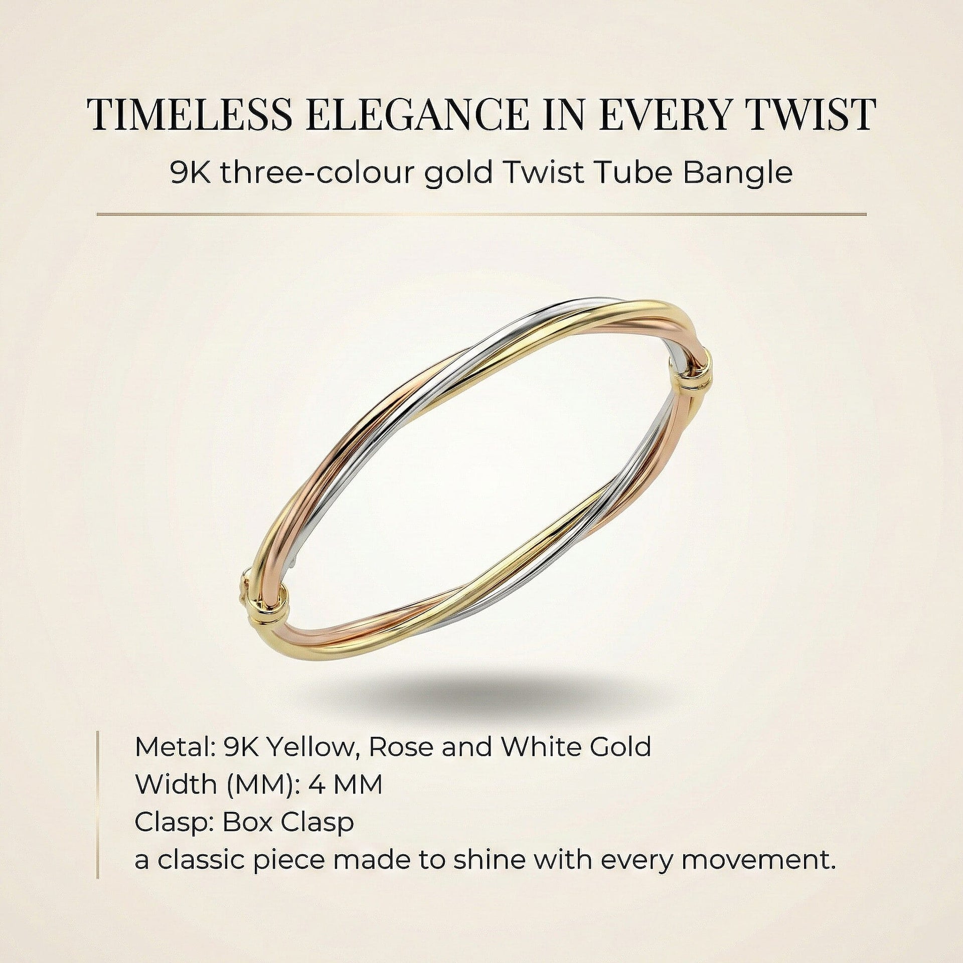 9K Three Colour Gold 4mm Twist Tube Bangle 7193171 7