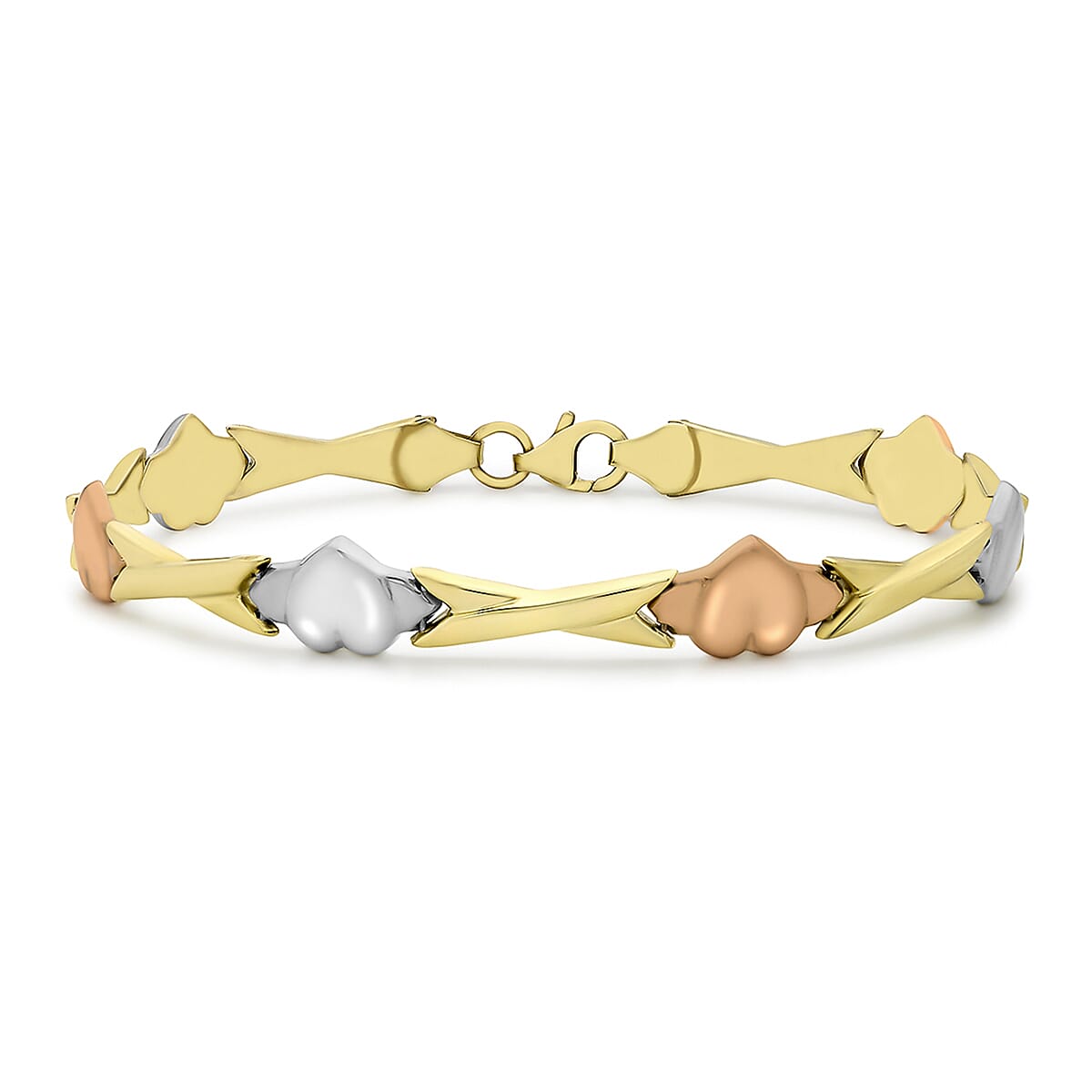 9K Three Colour Gold Heart And Kiss Link Bracelet 7.5 Inch 7193233 0