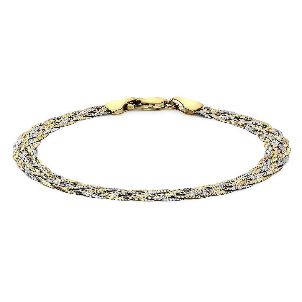 9K Three Colour Gold 6 Plait Textured Herringbone Bracelet 7 Inch