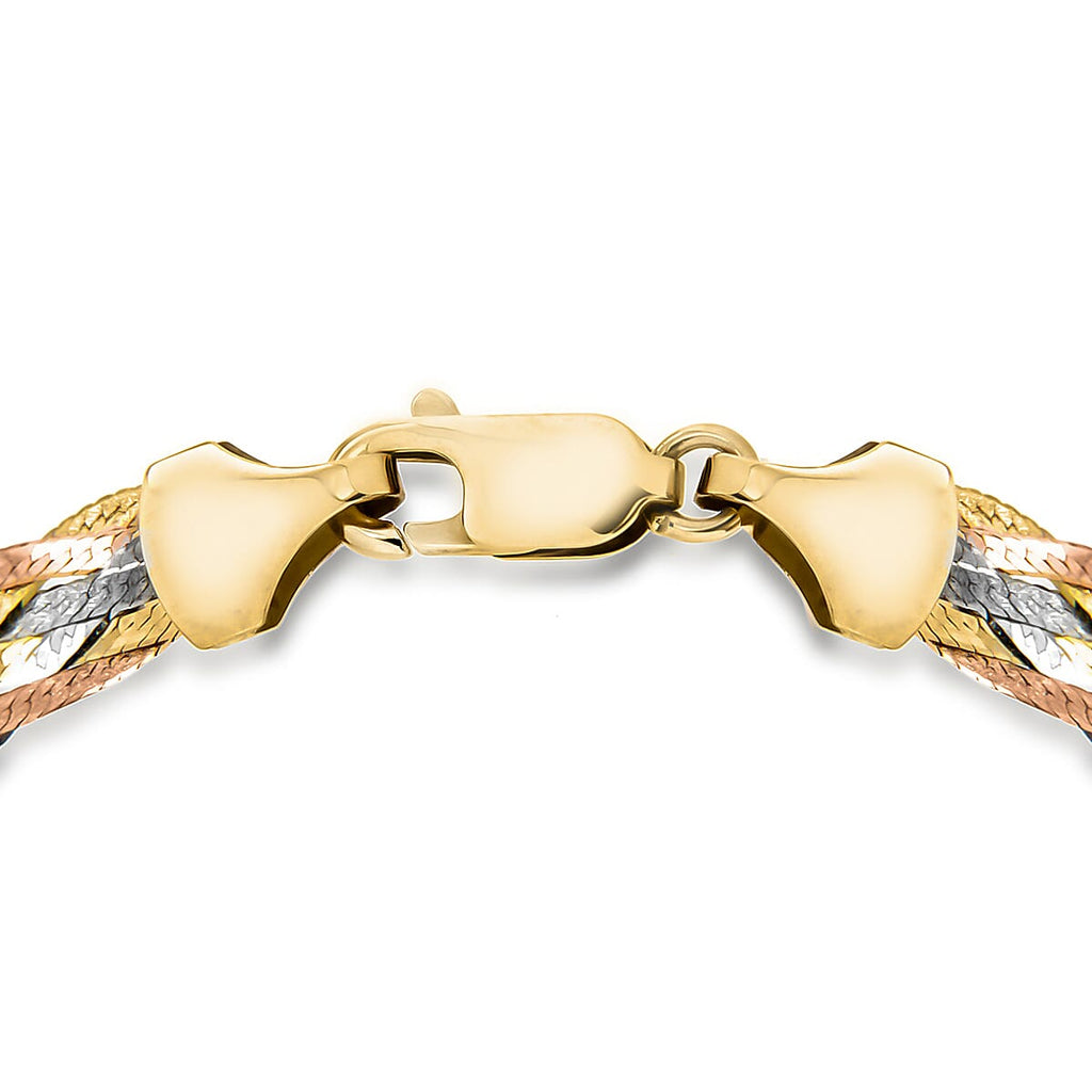 9K Three Colour Gold 6 Plait Textured Herringbone Bracelet 7 Inch