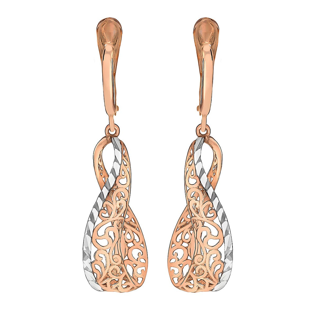 9K 2 Tone Gold 39.5mm Filigree Open Twist Drop Earrings