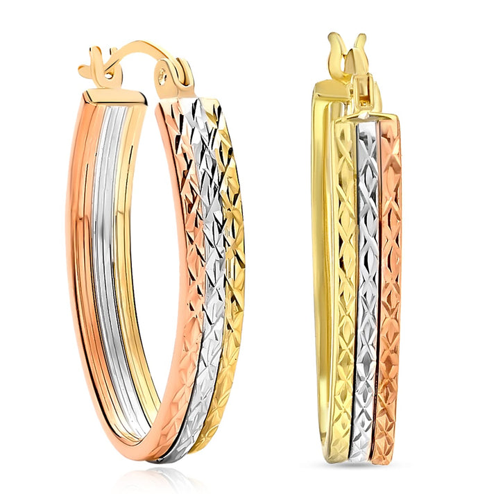 9K Tri Colour Gold 15MM X 25MM Diamond Cut Oval Creole Hoop Earrings 2.4 grams 6093010 1