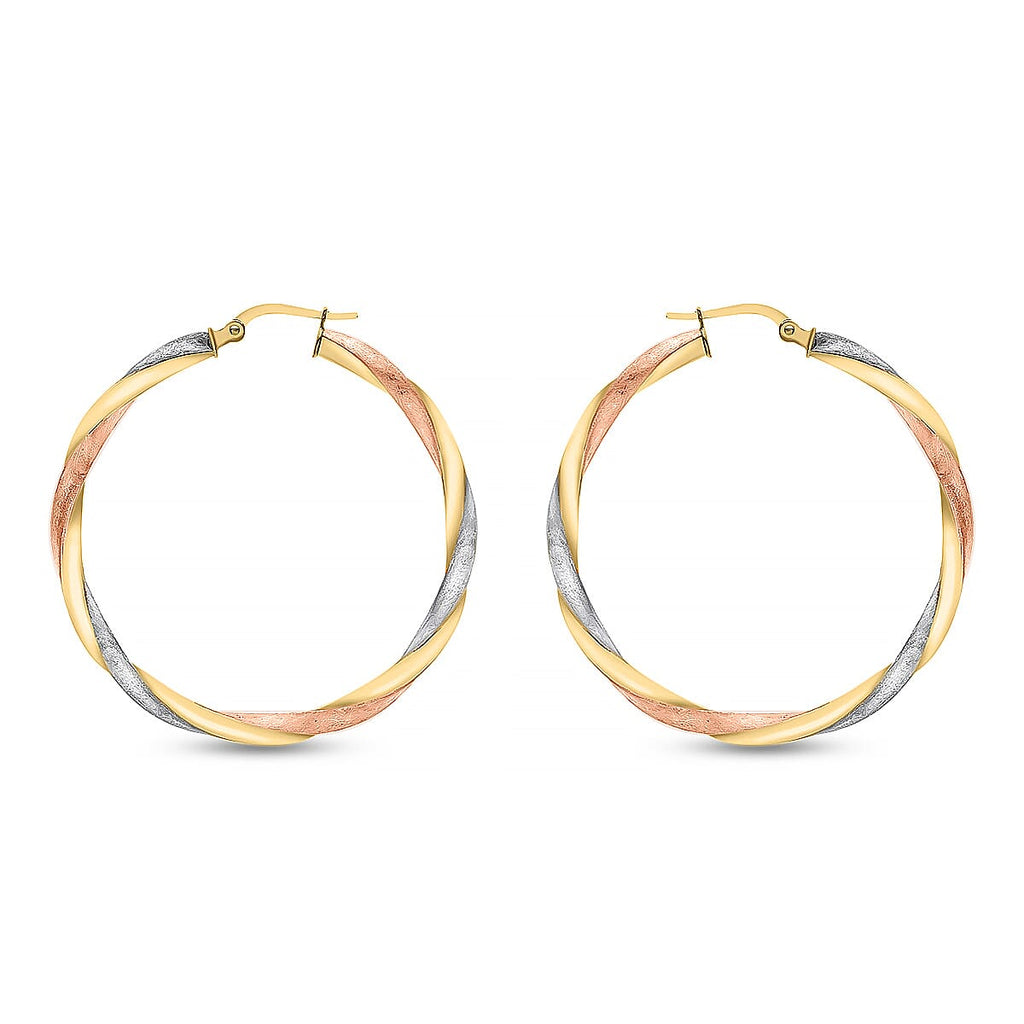 9K Tri Colour Gold 40MM Satin Twist Creole Hoop Earrings 2.3 grams