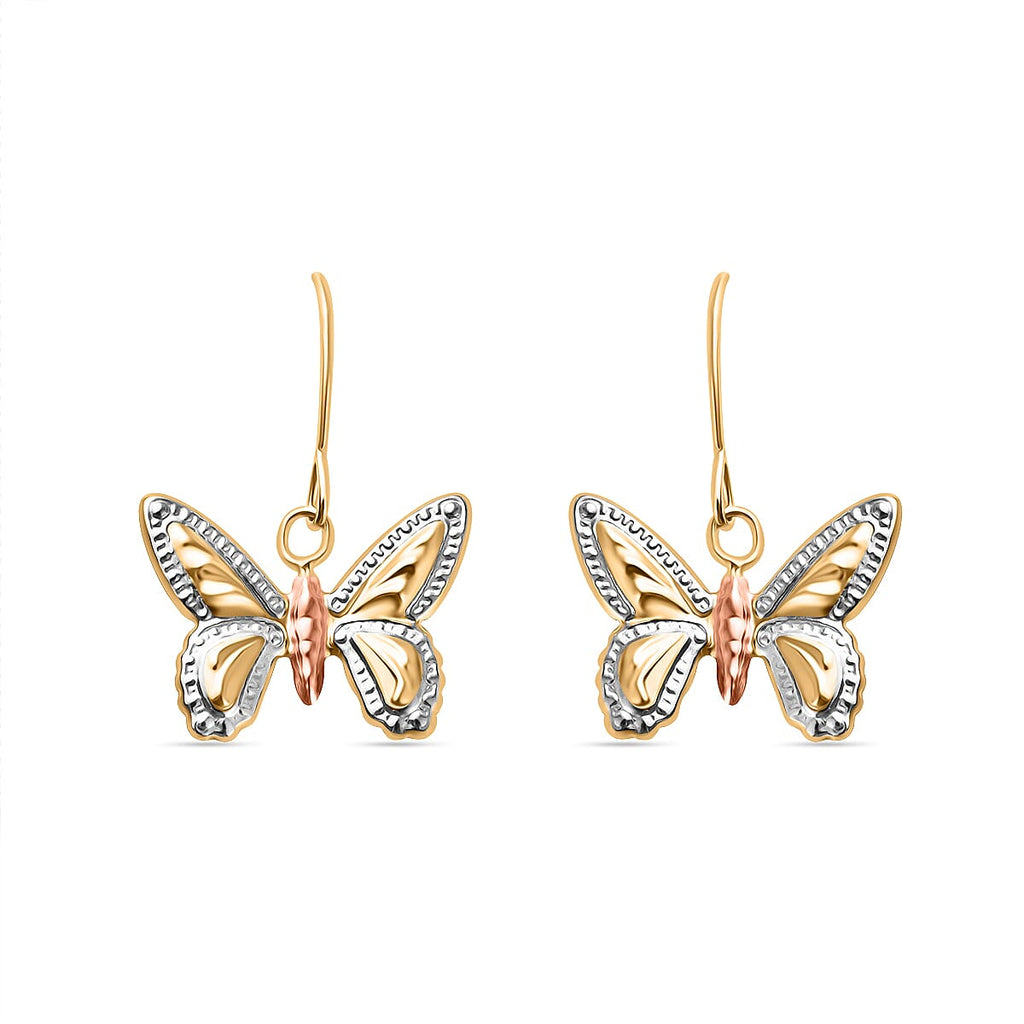 Hatton Garden Closeout - 9K Tri Colour Gold Diamond Cut Butterfly Drop Earring with Hook