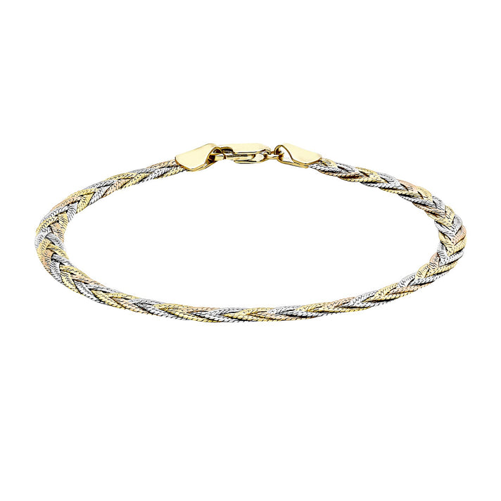 9K Tri Colour Gold High Finish Plait Textured Herringbone Bracelet 7 Inch 3 grams 6093026 1