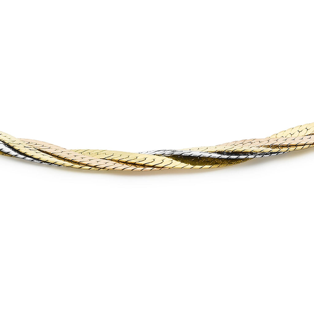 9K Tri Colour Gold Plait Diamond Cut Herringbone Bracelet 7 Inch, 4.4 grams