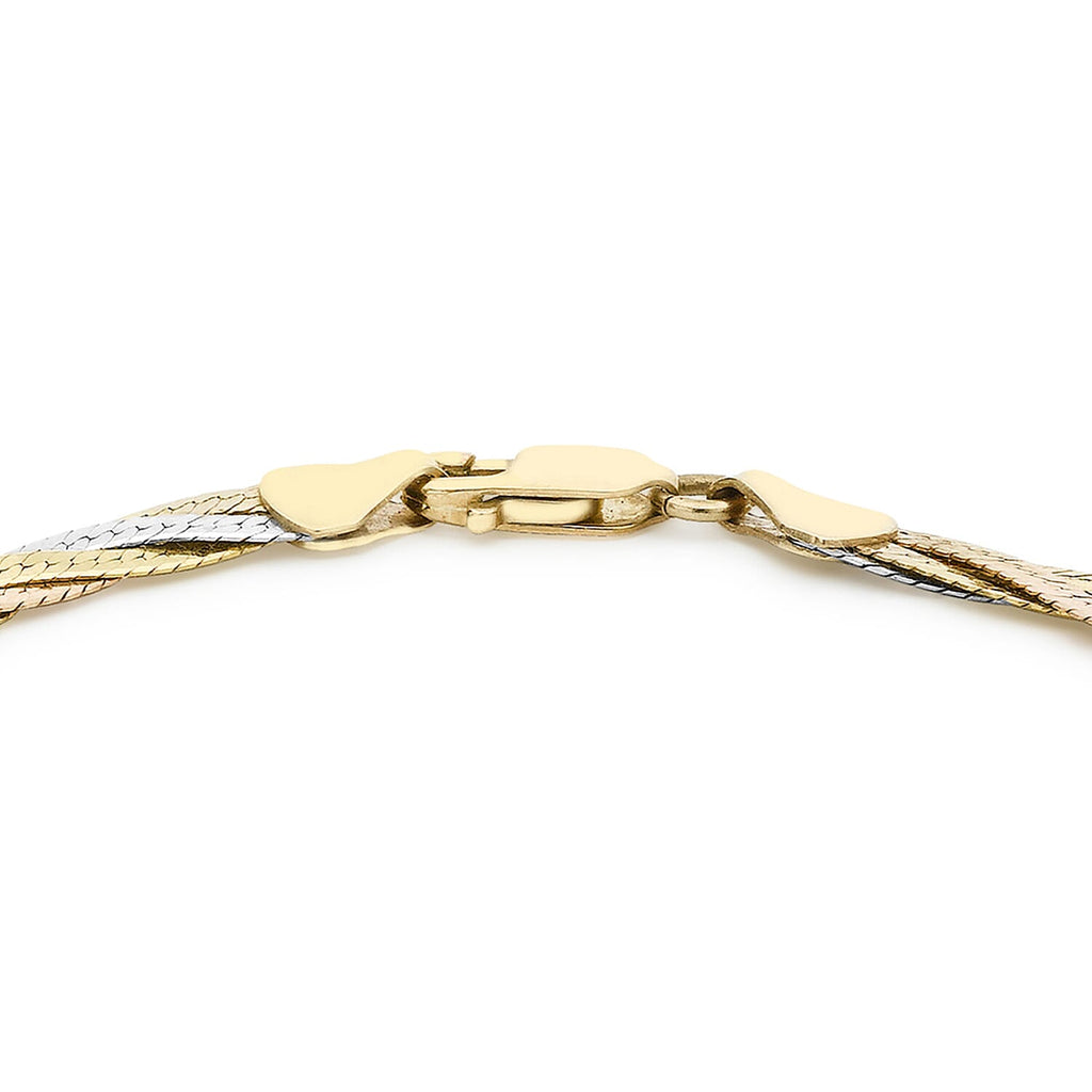 9K Tri Colour Gold Plait Diamond Cut Herringbone Bracelet 7 Inch, 4.4 grams