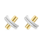 9K Two Colour Gold 13MM X 13MM Crossover Tube Kiss Stud Earrings 1.3 grams