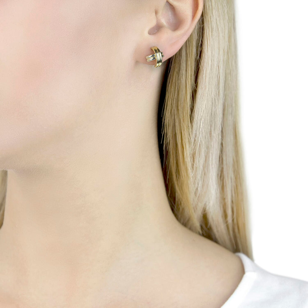 9K Two Colour Gold 13MM X 13MM Crossover Tube Kiss Stud Earrings 1.3 grams