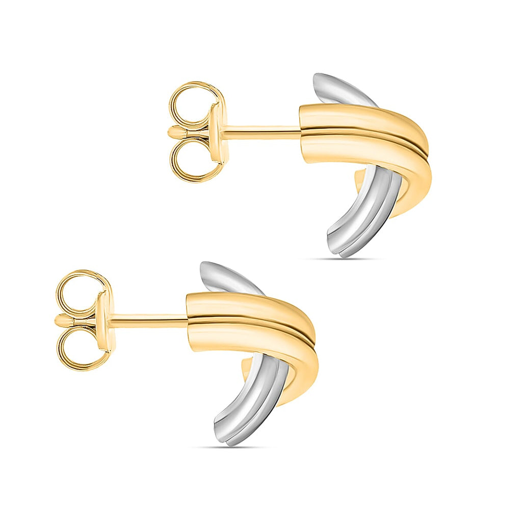 9K Two Colour Gold 13MM X 13MM Crossover Tube Kiss Stud Earrings 1.3 grams