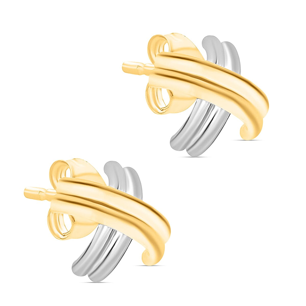 9K Two Colour Gold 13MM X 13MM Crossover Tube Kiss Stud Earrings 1.3 grams