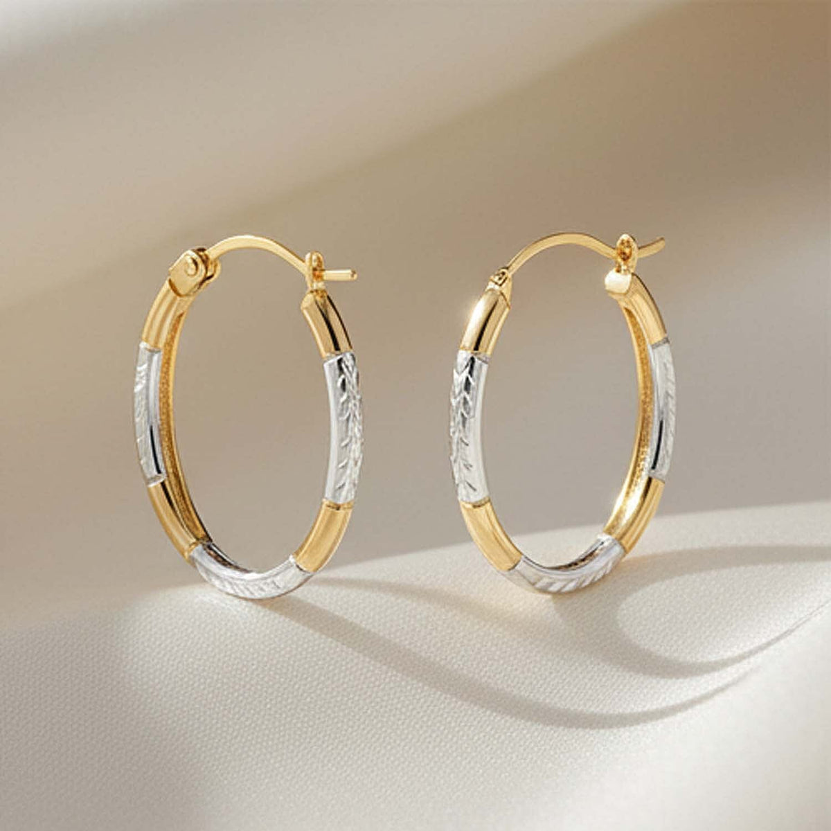 9K Two Colour Gold 14MM X 20MM Diamond Cut Oval Creole Earrings 0.44 grams 6092992 5
