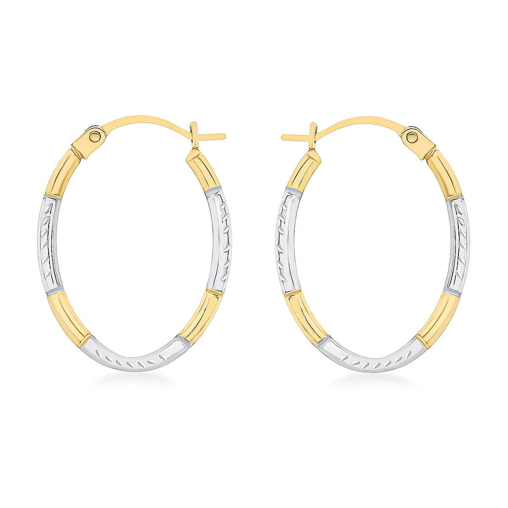 9K Two Colour Gold 14MM X 20MM Diamond Cut Oval Creole Earrings 0.44 grams