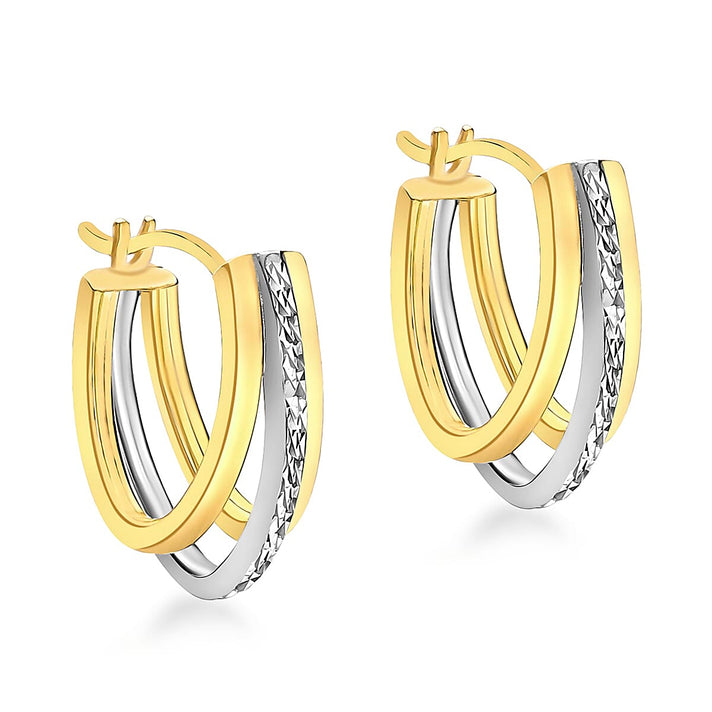 9K Two Colour Gold 14mm X 18mm Diamond Cut Triple Huggie Earrings 7190208 1