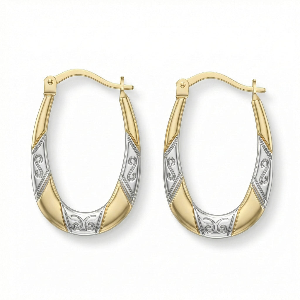 9K Two Colour Gold 15MM X 24MM Patterned Creole Earrings 0.7 grams