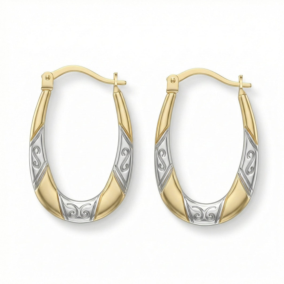9K Two Colour Gold 15MM X 24MM Patterned Creole Earrings 0.7 grams 6092991 0