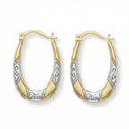 9K Two Colour Gold 15MM X 24MM Patterned Creole Earrings 0.7 grams