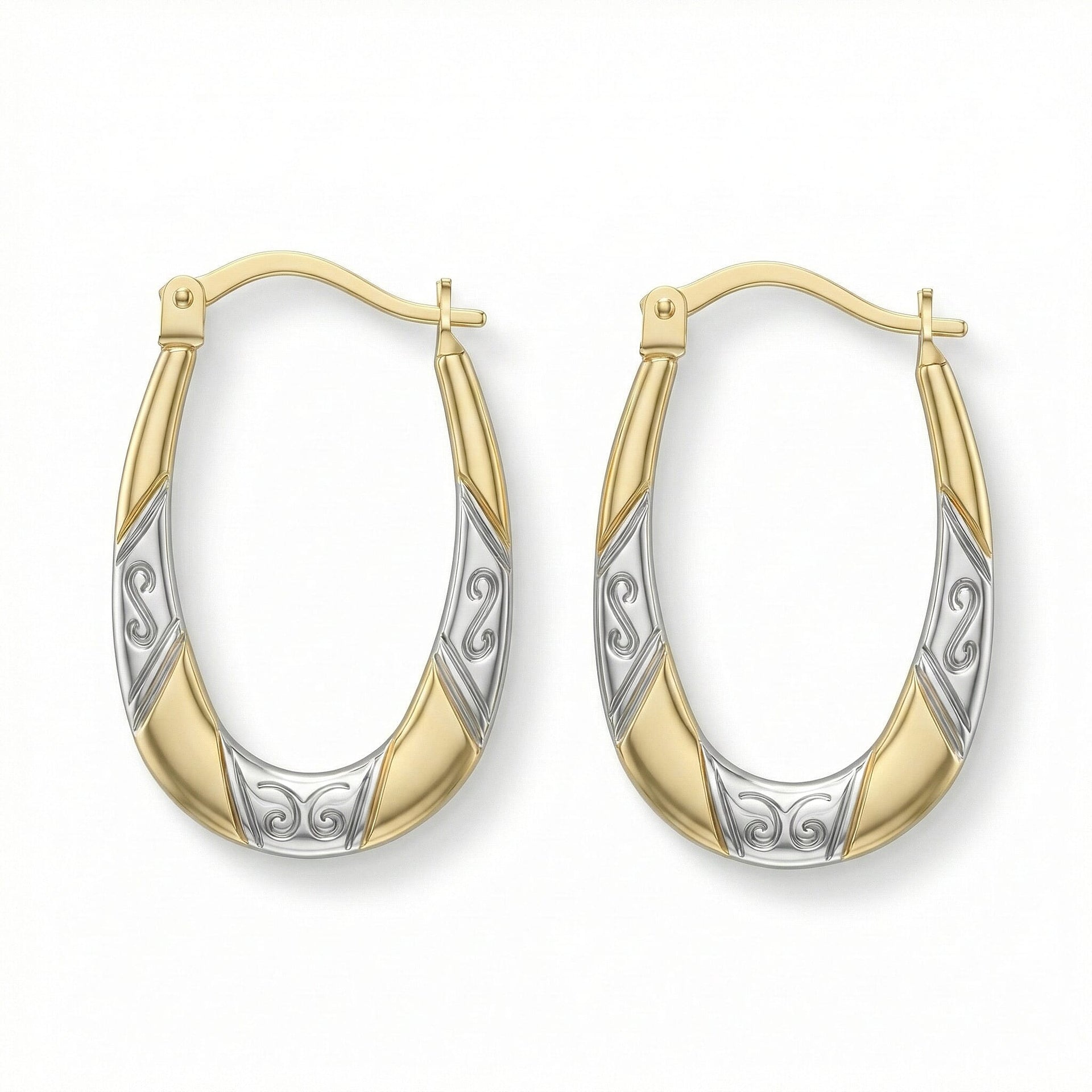 9K Two Colour Gold 15MM X 24MM Patterned Creole Earrings 0.7 grams 6092991 0