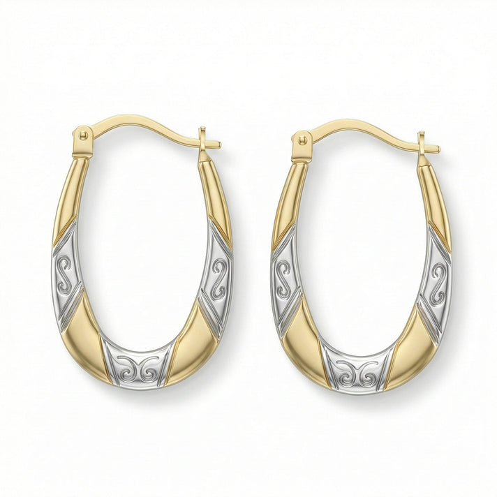 9K Two Colour Gold 15MM X 24MM Patterned Creole Earrings 0.7 grams 6092991 1
