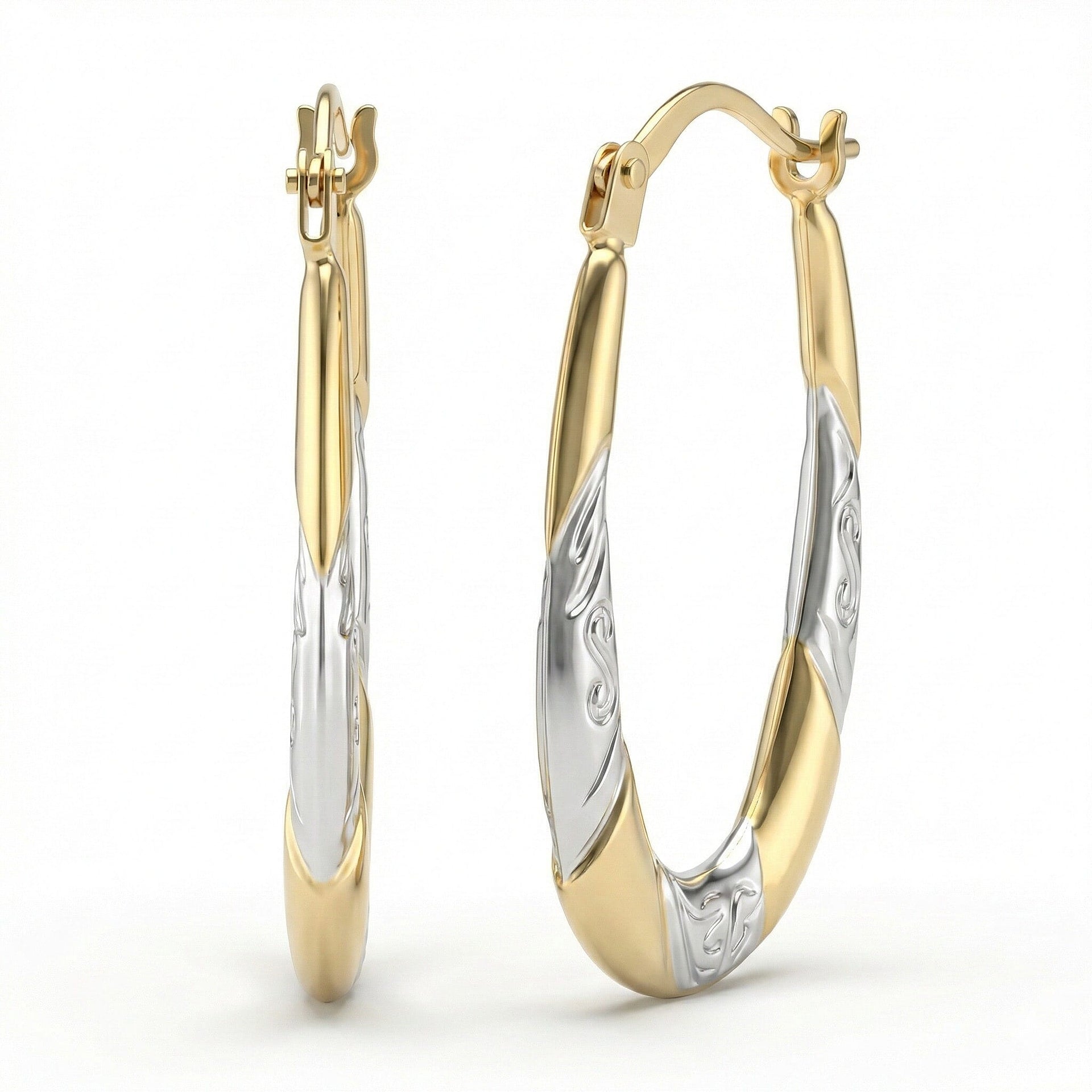 9K Two Colour Gold 15MM X 24MM Patterned Creole Earrings 0.7 grams 6092991 3