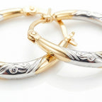 9K Two Colour Gold 15MM X 24MM Patterned Creole Earrings 0.7 grams