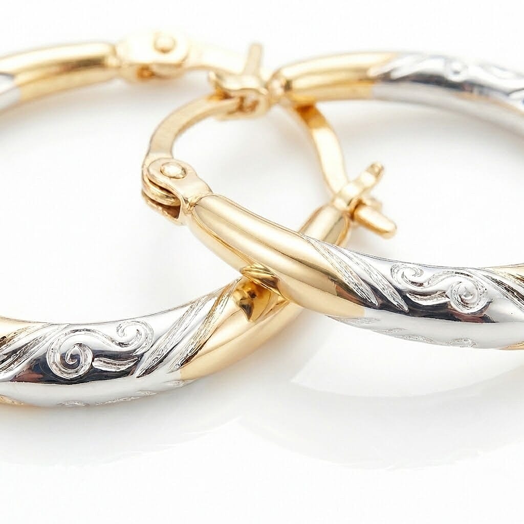 9K Two Colour Gold 15MM X 24MM Patterned Creole Earrings 0.7 grams 6092991 4