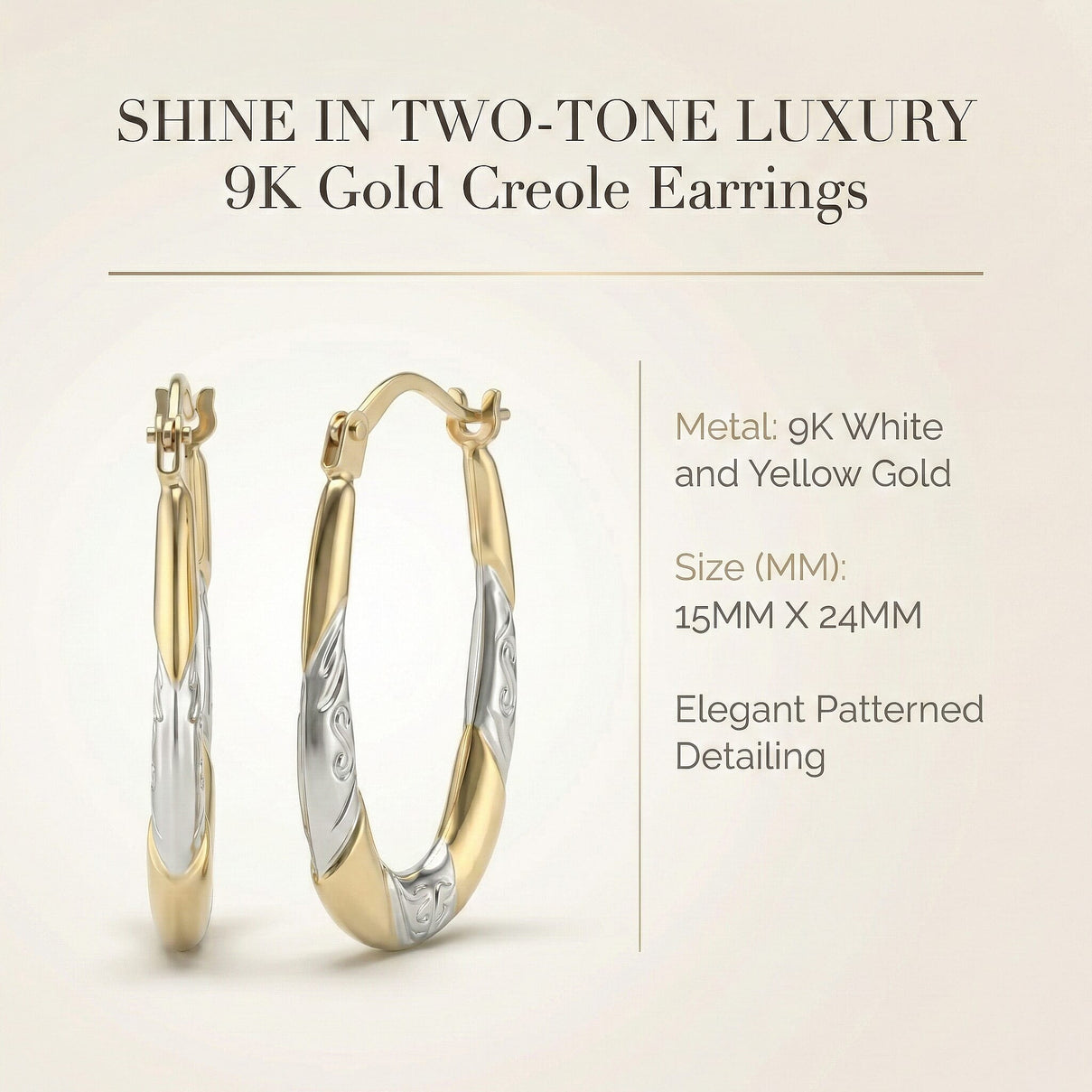 9K Two Colour Gold 15MM X 24MM Patterned Creole Earrings 0.7 grams 6092991 6