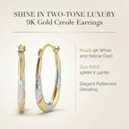 9K Two Colour Gold 15MM X 24MM Patterned Creole Earrings 0.7 grams
