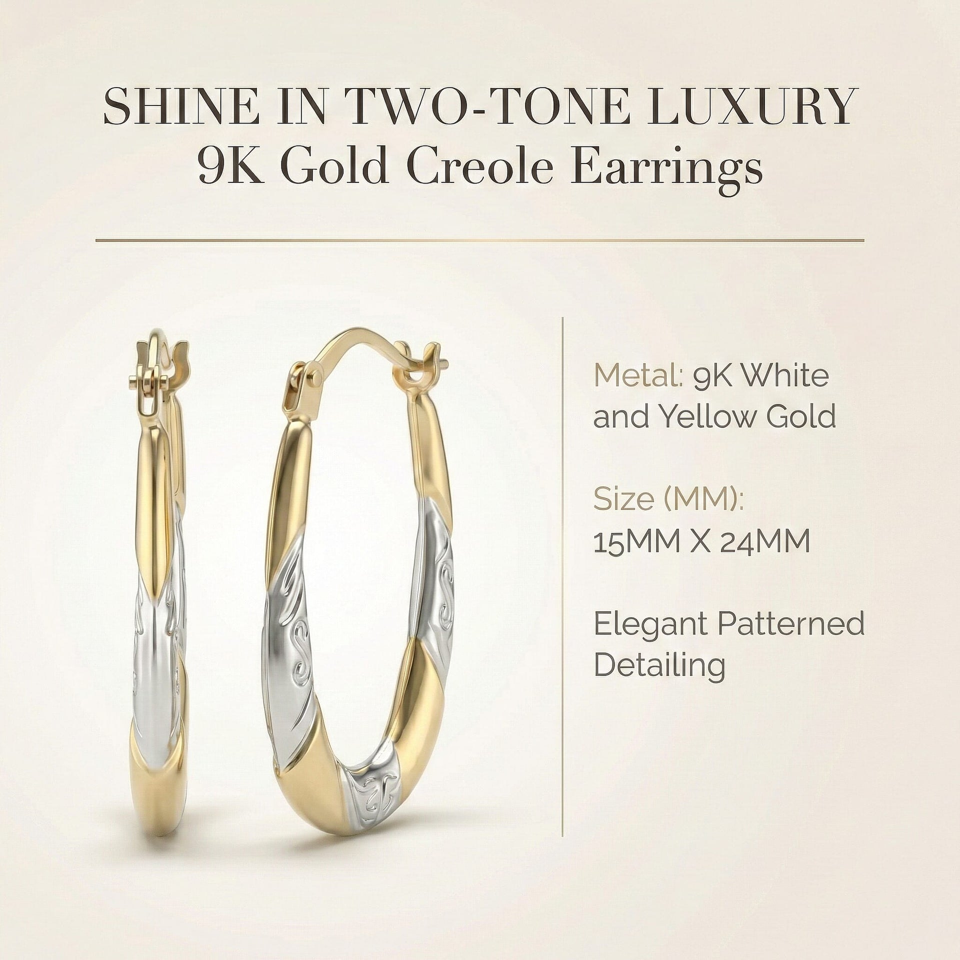9K Two Colour Gold 15MM X 24MM Patterned Creole Earrings 0.7 grams 6092991 6