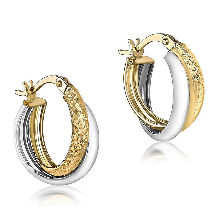 9K Two Colour Gold 15mm Diamond Cut And Plain 3mm Band Crossover Creole Earrings 7190201 1