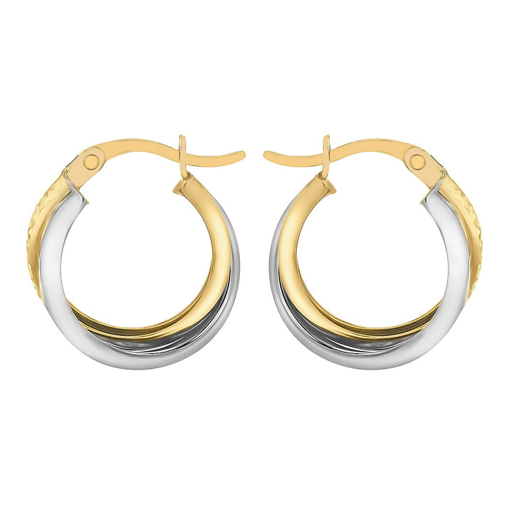 9K Two Colour Gold 15mm Diamond Cut And Plain 3mm Band Crossover Creole Earrings 7190201 2