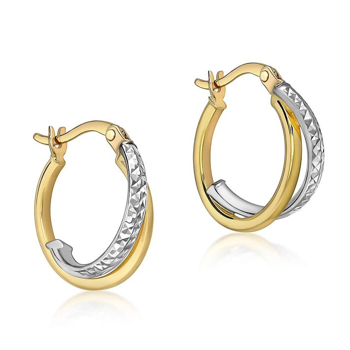 9K Two Colour Gold 16mm Diamond Cut And Plain 2mm Band Crossover Hoop Creole Earrings 7190203 1