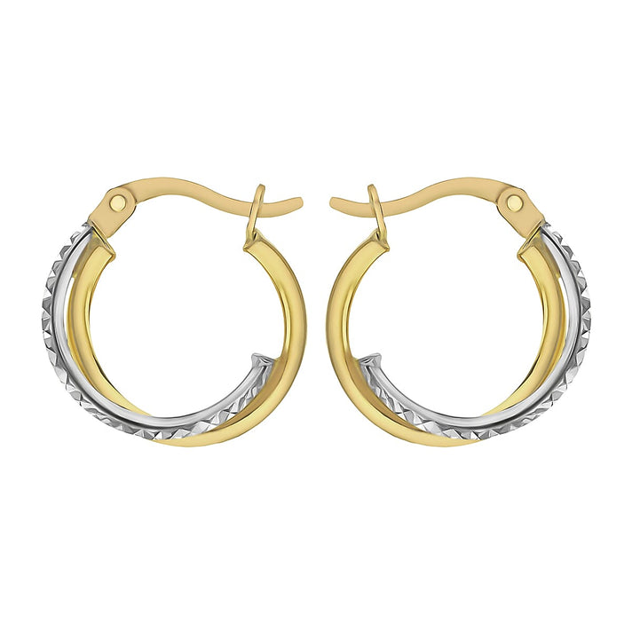 9K Two Colour Gold 16mm Diamond Cut And Plain 2mm Band Crossover Hoop Creole Earrings 7190203 2