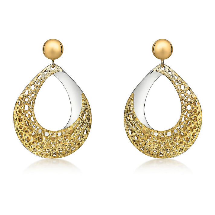 9K Two Colour Gold 18.5mm X 29mm Teardrop Fretwork Drop Earrings 7190210 1