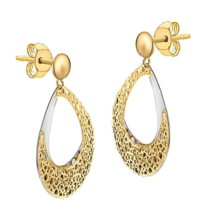 9K Two Colour Gold 18.5mm X 29mm Teardrop Fretwork Drop Earrings 7190210 2