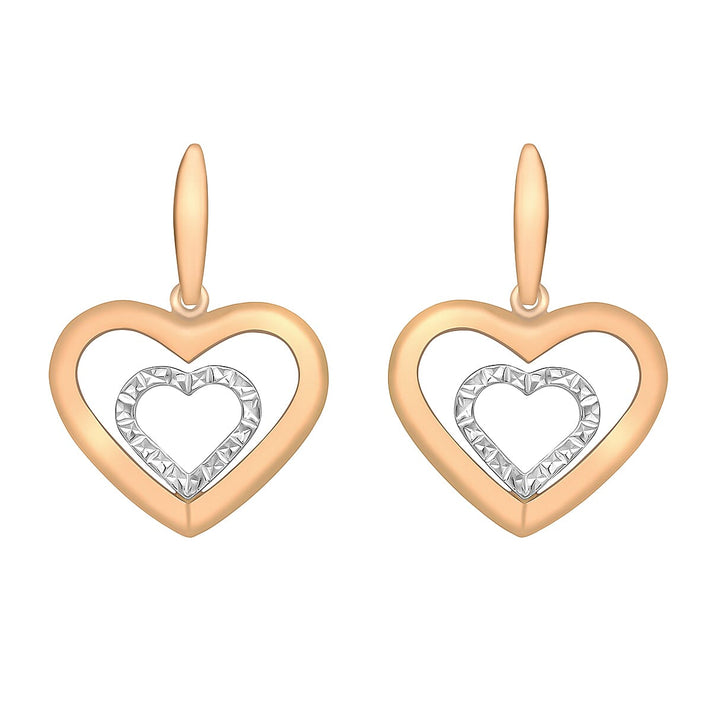 9K Two Colour Gold 19mm X 26mm Diamond Cut Double Heart Drop Earrings 7190209 1