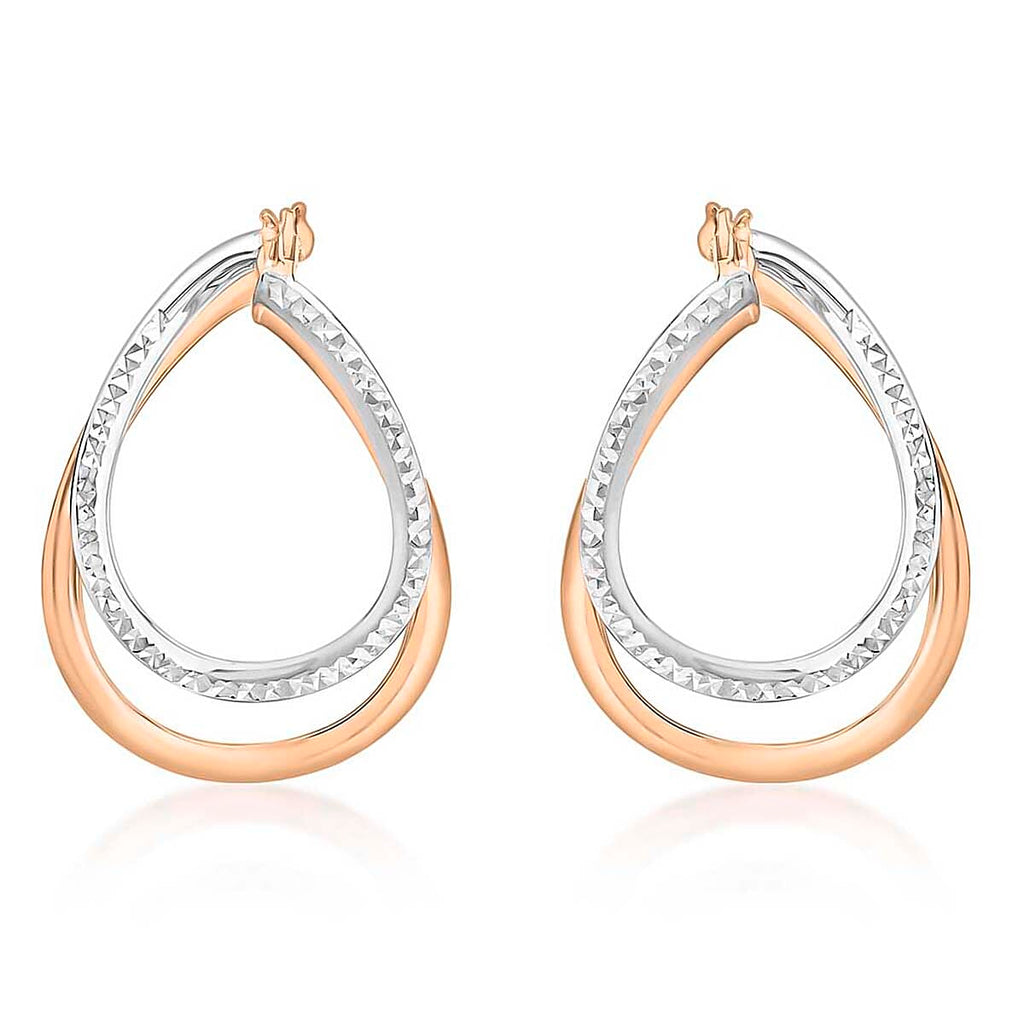 9K Two Colour Gold 20.5mm X 29.5mm Diamond Cut Front Facing Double Oval Hoop Earrings